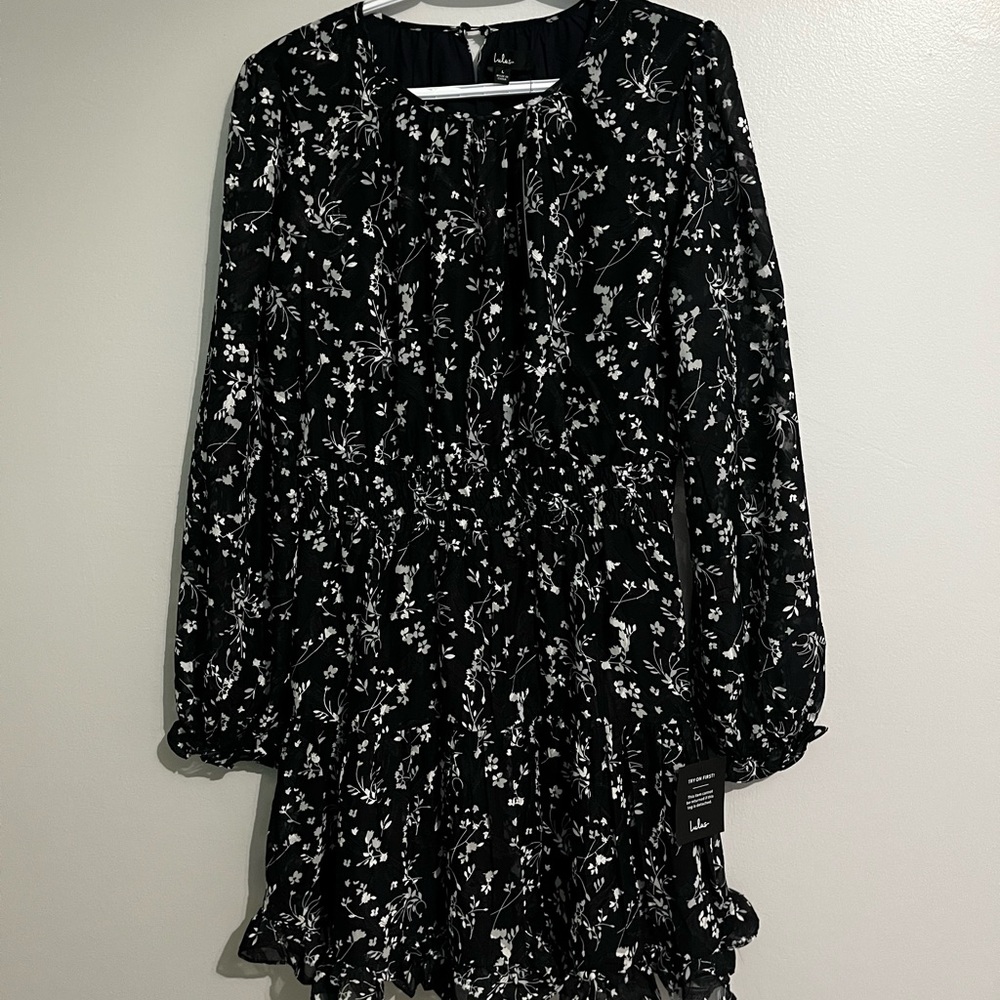 Lulus Too Cute Navy Blue Floral Print Smocked Long Sleeve Mini Dress Size L